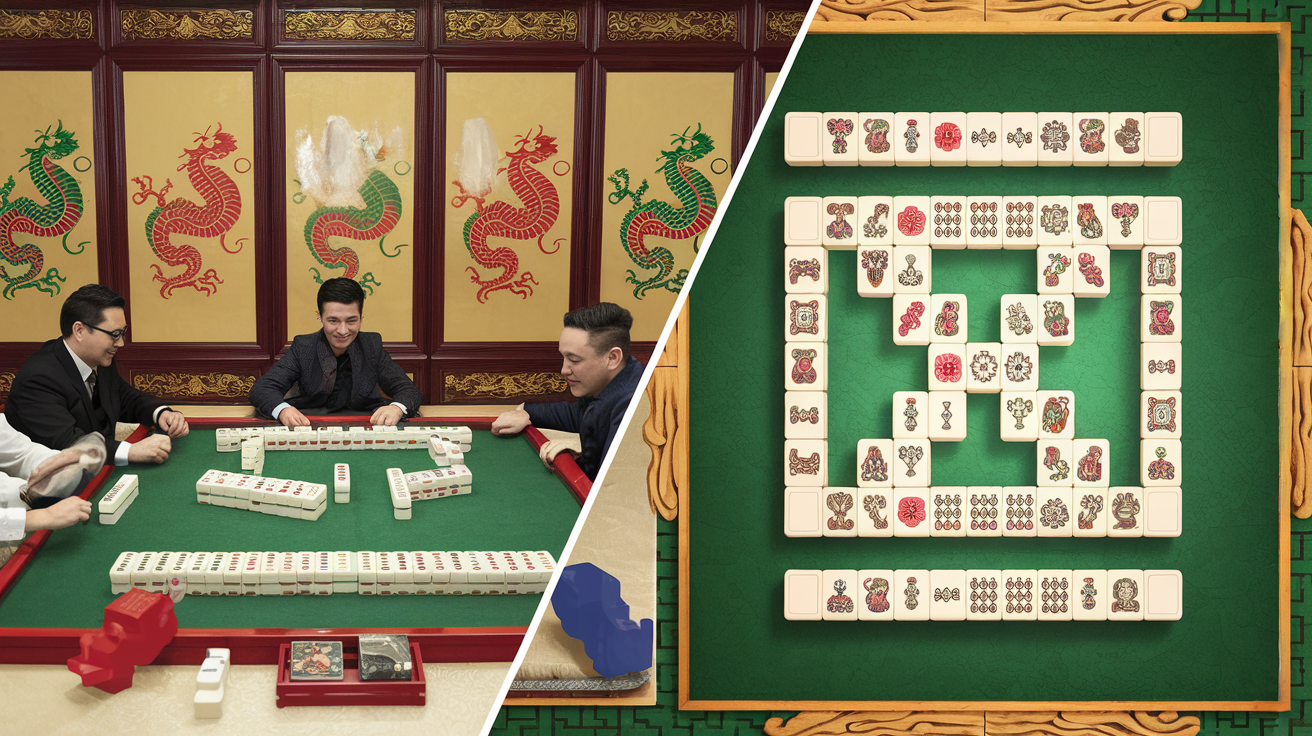 Side-by-side comparison of traditional mahjong tile set with players and digital mahjong solitaire puzzle board