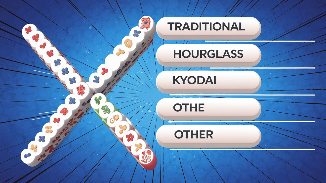 Mahjong solitaire layout difficulty ranking chart showing Traditional, Hourglass, Kyodai, and other layouts ranked from easiest to hardest