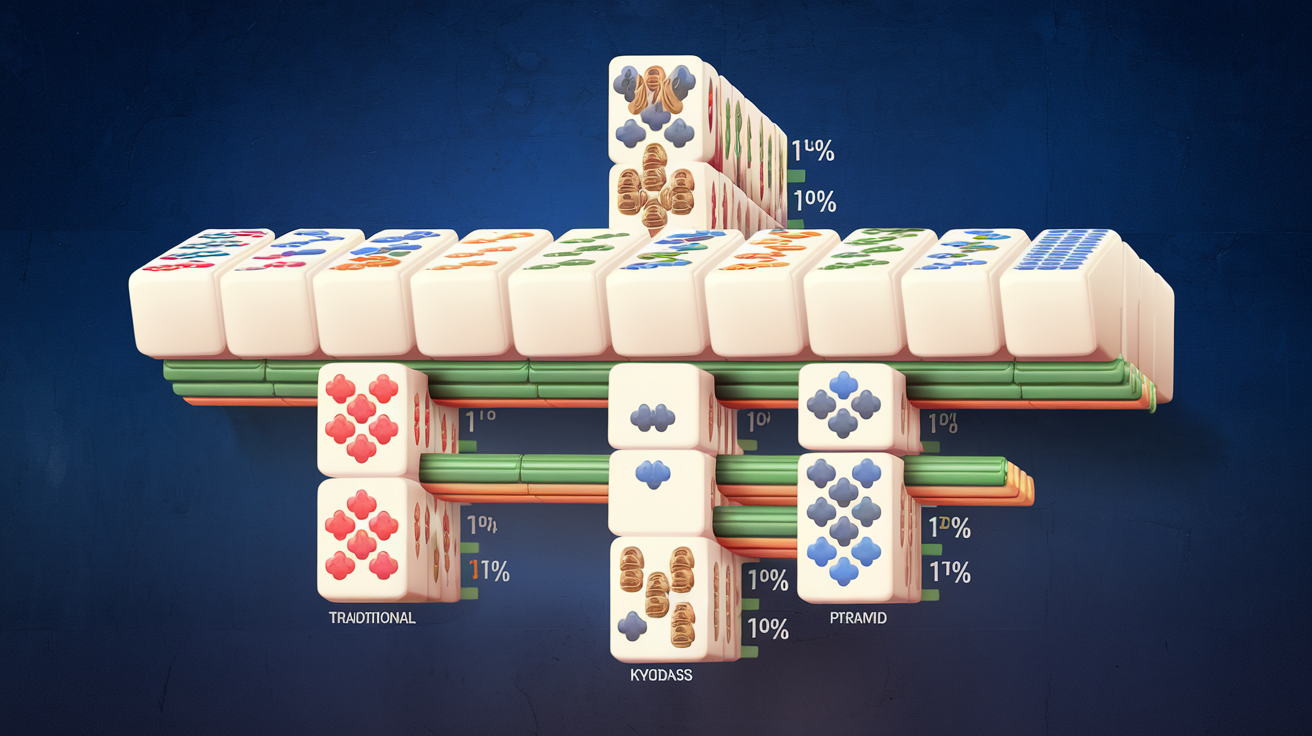 Mahjong Solitaire layout difficulty comparison chart showing tile stack depth and win rate percentages across Traditional, Hourglass, Kyodai, Pyramid, and Fortress layouts