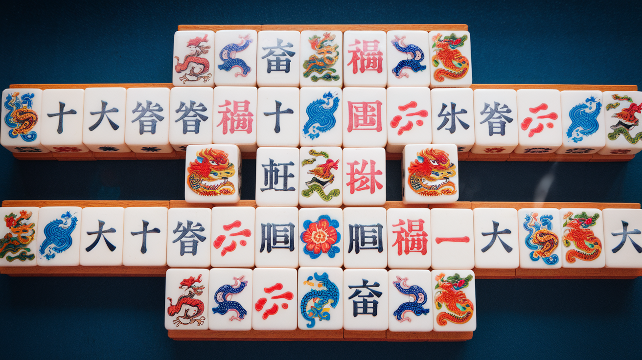 Mahjong tiles showing the distinctive characters, dragons, and winds used in both traditional and solitaire versions of the game