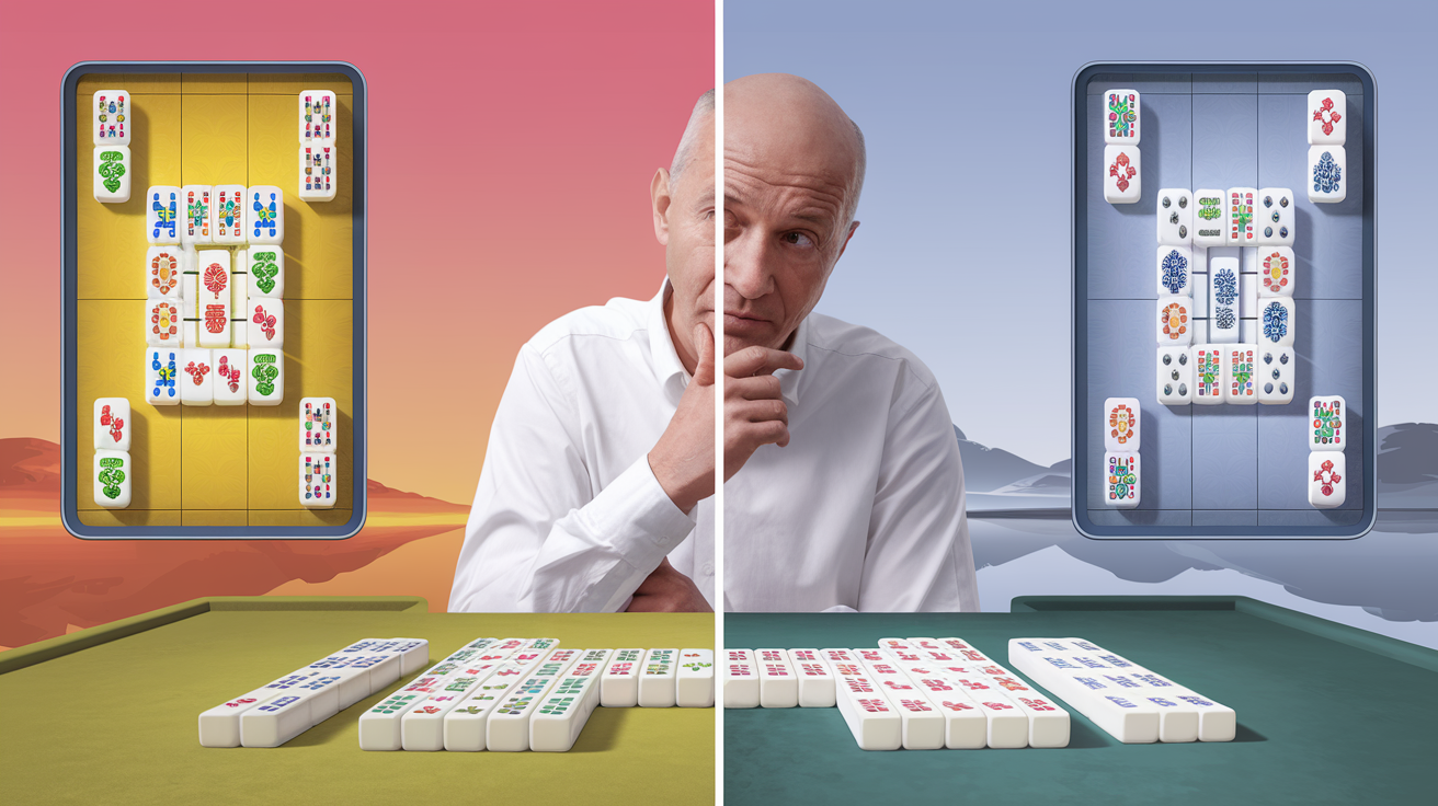 A split-screen showing a mahjong solitaire player thoughtfully hovering over the undo button, representing the philosophical divide in the community