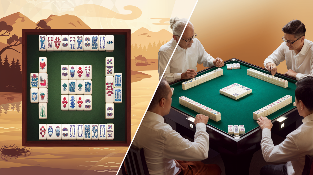 Split screen showing mahjong solitaire tiles on left side and traditional four-player mahjong table on right side