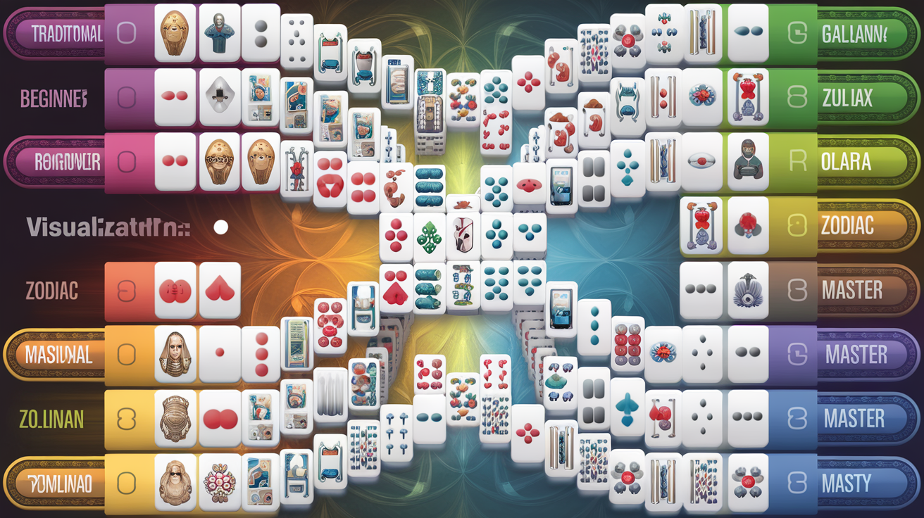Mahjong solitaire layout difficulty spectrum visualization showing Traditional at beginner level through Zodiac at master level