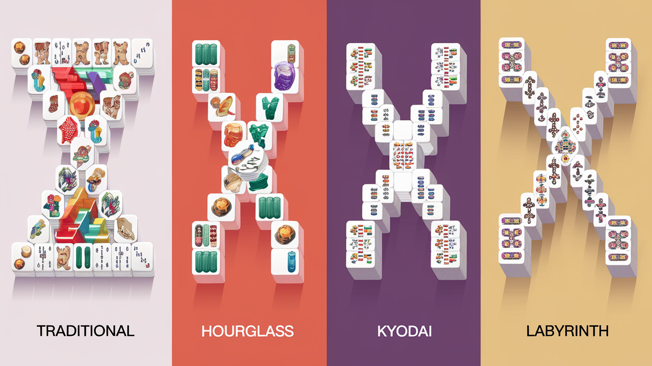 Mahjong solitaire layout difficulty comparison showing Traditional, Hourglass, Kyodai, and Labyrinth layouts arranged by difficulty level