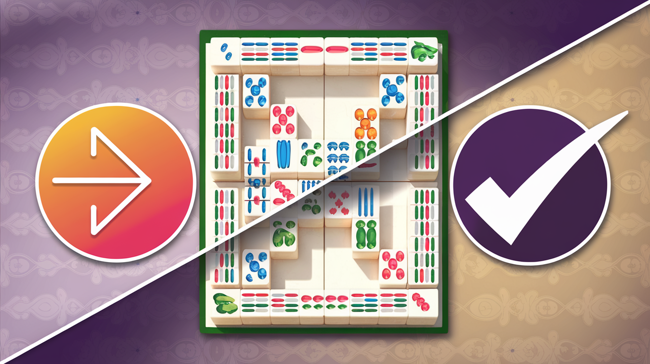 A split image showing a mahjong board with an undo arrow on one side and a checkmark on the other, symbolizing the debate between learning and challenge in mahjong solitaire