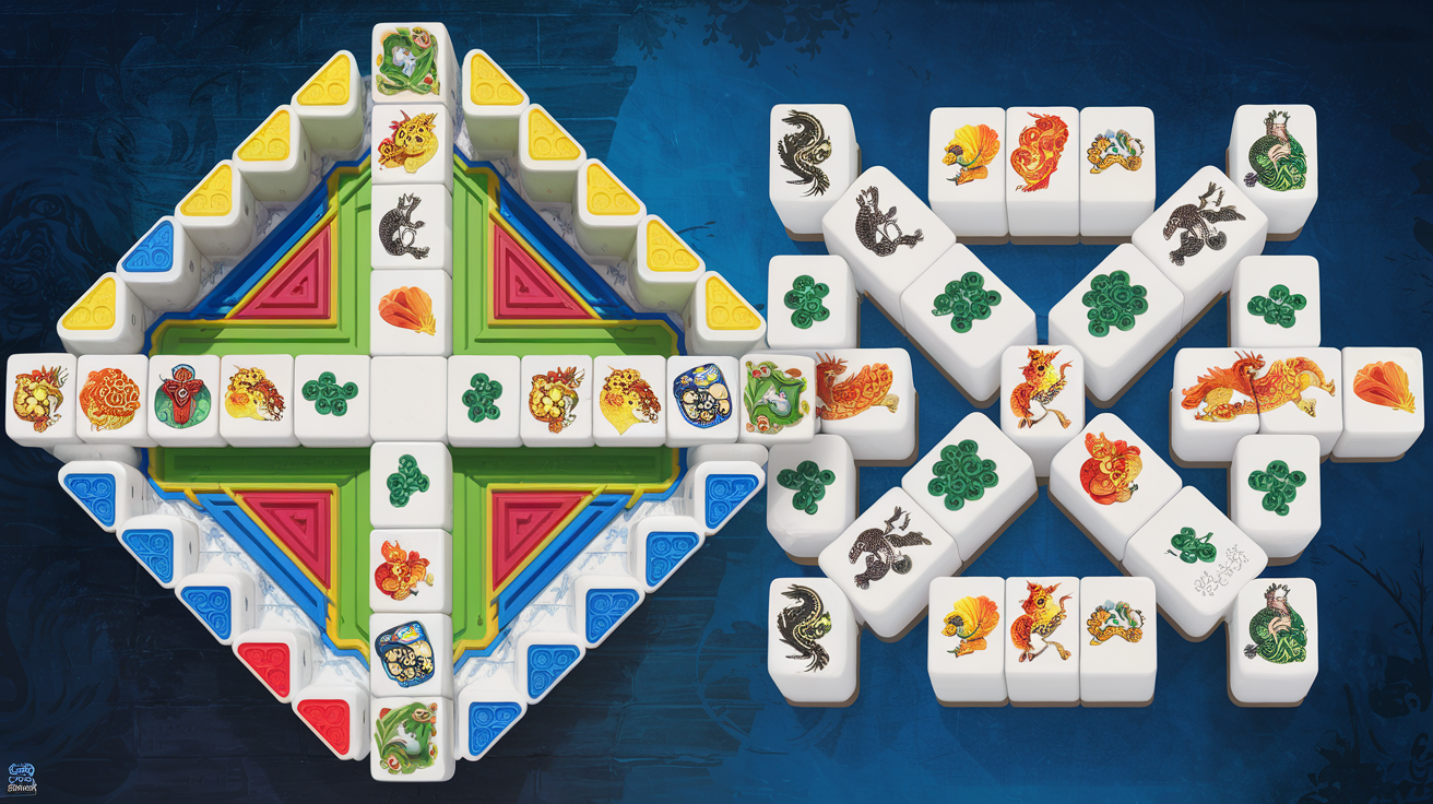 Comparison between mahjong solitaire tiles arranged in a puzzle layout and traditional mahjong four-player game setup