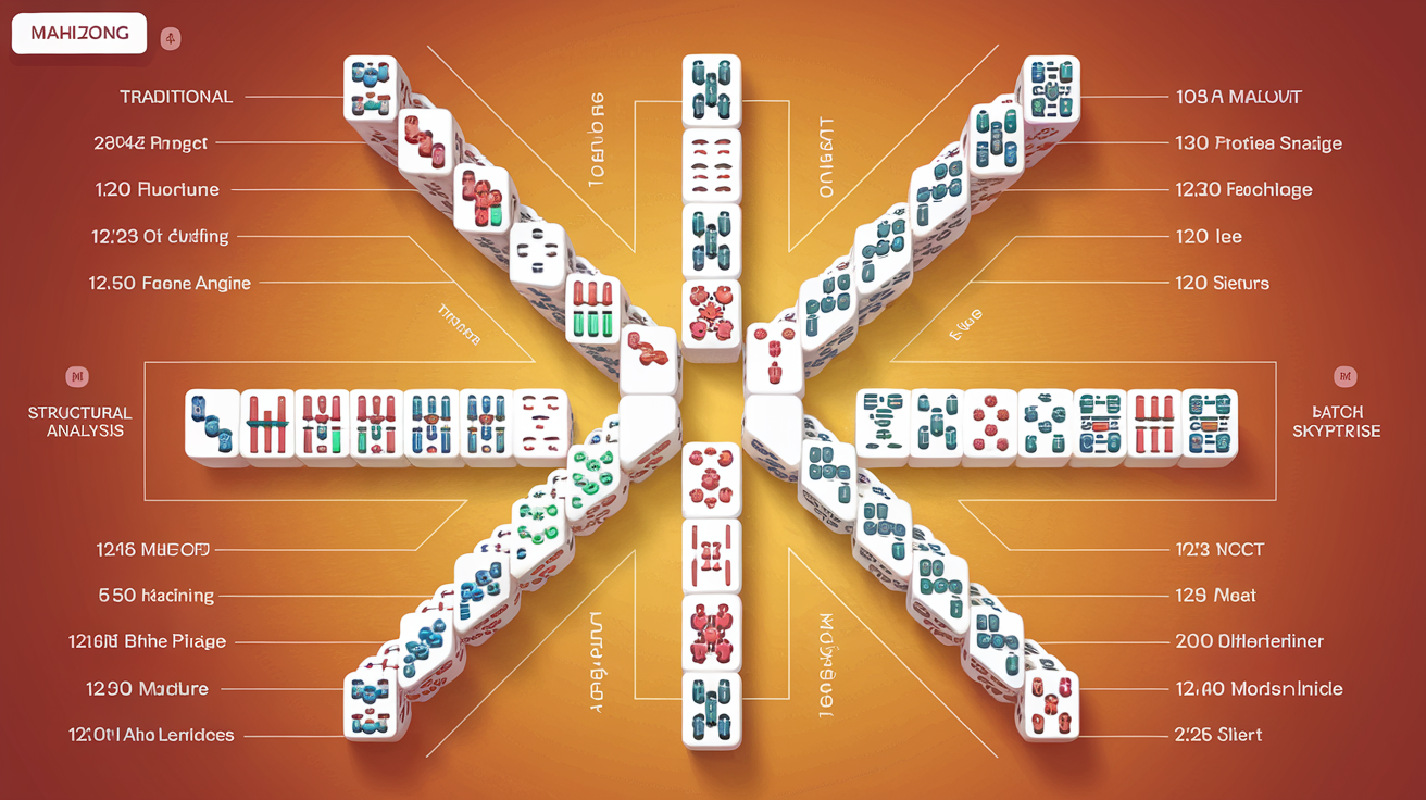 Mahjong solitaire layout difficulty spectrum chart showing Traditional as easiest and Skyrise as hardest with structural analysis metrics