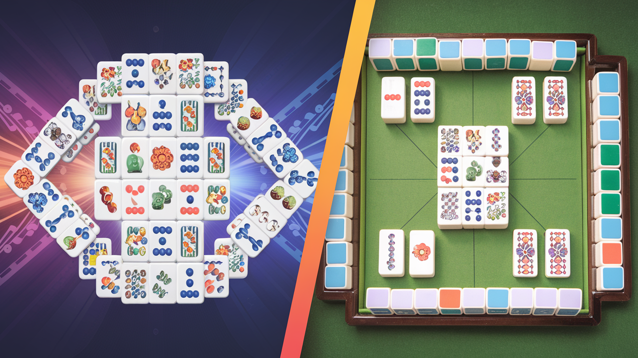 Split screen showing mahjong solitaire tile layout on one side and traditional four-player mahjong setup on the other, illustrating the fundamental differences between the two games